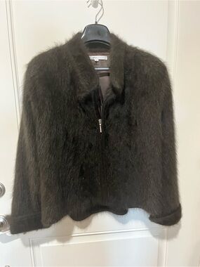 Plush Dark Brown Faux Fur Rhinestone Zip-Front Angora Jacket